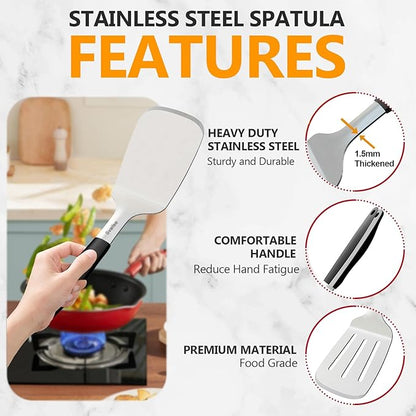 13.4 in Stainless Steel Spatula Set of 2, Heavy Duty Solid & Slotted Metal Spatula with Silicone Handle for Cast Iron Skillet, Egg, Burger and Grilling, Large