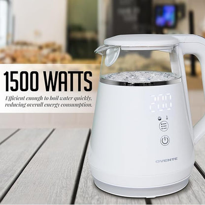 OVENTE 1L Small Electric Kettle with 5 Temperature Preset, Digital Display, 5Hr Keep Warm, Auto Shut-Off, Double-Wall Cool Touch Exterior, Borosilicate Glass,1500W BPA Free Water Boiler, White KD95W