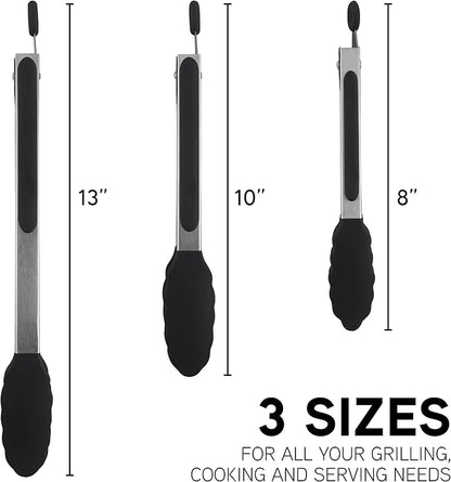 COOK WITH COLOR Stainless Steel Silicone Tipped Kitchen & BBQ Tongs Set, 3 Pc. Tongs, Black