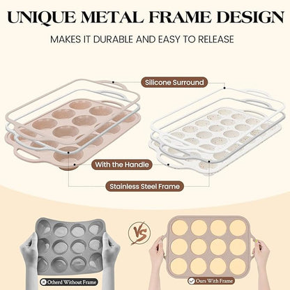 Vinino 2Packs Silicone Muffin Pans for Baking with Metal Reinforced Frame, 12 Cups Regular and 24 Cups Mini Nonstick Cupcake Pan, BPA Free Oven Dishwasher Safe Baking Mold for Muffins Cupcakes