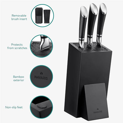 Navaris Knife Block, Black - Universal Knife Storage Solution - Bamboo Kitchen Knives Holder with Bristles - Tilted Storage for Easy Access - Removable Insert for Easy Cleaning
