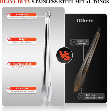 Grill Tongs - 12 Inch & 17 Inch Extra Long BBQ Tongs, Heat Resistant Stainless Steel Kitchen Tong, Heavy Duty Metal Locking Tong for Cooking, Grilling, BBQ/Barbecue, Food (12+17 inch)