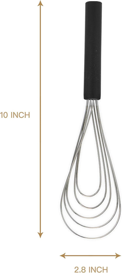 Flat Whisk Silicone Handle Non Slip 10" - 5 Wires Whisk with 10 Heads for Kitchen Cooking Color by Jell-Cell (Black)