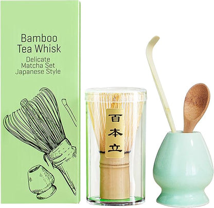 Matcha whisk set - 4pcs - Includes Bamboo Matcha whisk, scoop,spoon,Matcha Whisk Holder. Essential matcha whisk set for a traditional tea ceremony and daily use