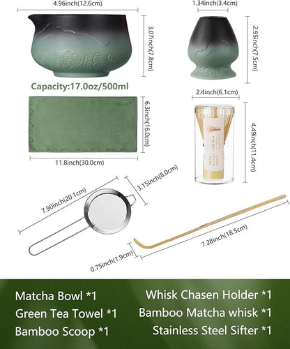 ZENS Matcha Whisk Set, Matcha Kit Set with Bowl and Bamboo Whisk, 304 Sifter, Scoop, (Chasen Holder) -Tea Mat, 6pcs Matcha Set for Latte-Making, Sage Green