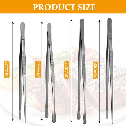 Litoexpe 4 PCS 10in & 12in Fine Tweezer Tongs, Stainless Steel Cooking Tongs for BBQ Sea Food Repairing Serving, Silver