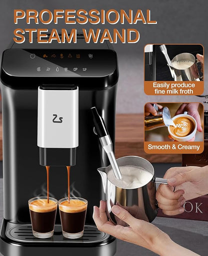 IDEALHOUSE Fully Automatic Espresso Machine with Grinder and Milk Frother, Touchscreen Coffee Maker, 20 Bar Pressure, 1.5L Water Tank, One-Touch Latte and Cappuccino