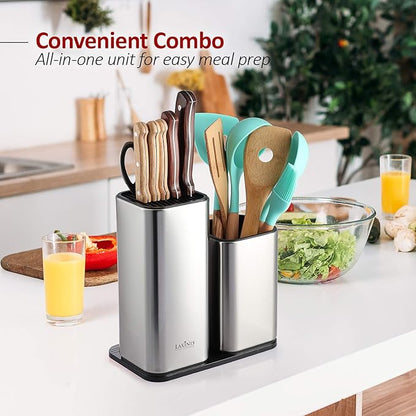 Knife Holder and Utensil Holder - Stainless-Steel Modern Rectangular Design Universal Knife Block and Kitchen Utensils Organizer for Counter-top
