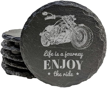 The Open Road Awaits: Motorcycle Coasters with Inspirational Quote - Round Slate - Set of 6