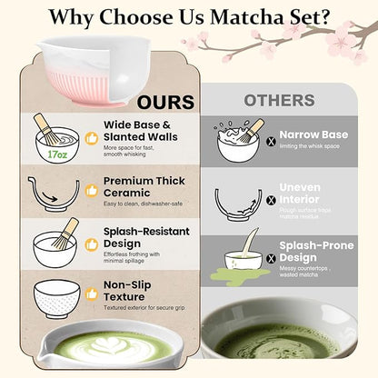 7PCs Pink Matcha Whisk Set Traditional Japanese Matcha Kit with Whisk and Bowl Matcha Making Accessories Bamboo Chasen Tea Spoon Holder Sifter Tea Towel Ceremony Macha Tea Set for Beginners
