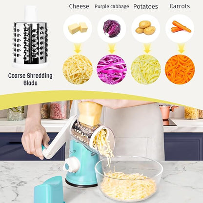 X Home Rotary Cheese Grater for Kitchen, Shredder with 3 Interchangeable Blades, Rotary Grater with Handle and Strong Suction Base, for Vegetables, Fruit, Nuts, Easy to Use and Clean, Blue