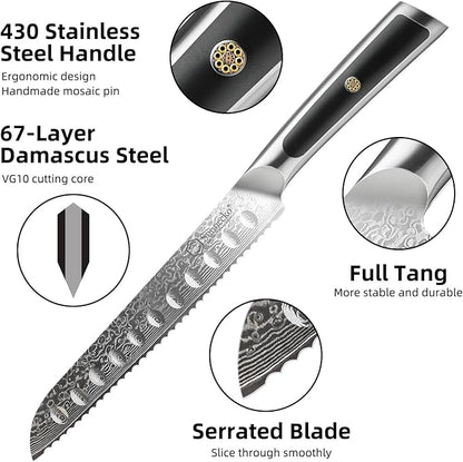 Sunnecko Bread Knife 8 inch, Serrated Bread Knife for Homemade Bread with 67-layers VG10 Damascus Steel Blade, Japanese Bread Knife with Solid Handle Bread Cutting Knife Bread Knives Cake Knife