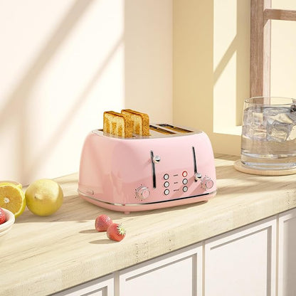 Toaster 4 Slice, Retro Stainless with 6 Bread Shade Settings,1.5''Wide Slots Toaster with Cancel/Defrost/Reheat Functions,Dual Independent Control Panel, Removal Crumb Tray (Pink)