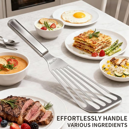 KSENDALO One-piece Fish Spatula Stainless Steel SUS304 - Thick Spatula with Flexible Thin Angled Blade Slotted Egg Flipper, Hollow Grip Metal Turner for Fish/Eggs/Omelettes, Dishwasher Safe