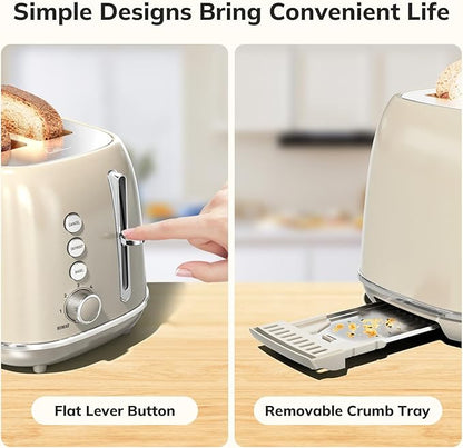 2 Slice Stainless Steel Toaster Retro with 6 Bread Shade Settings, Bagel, Cancel, Defrost Function, 2 Slice Toaster with Extra Wide Slot, Removable Crumb Tray, Tauge