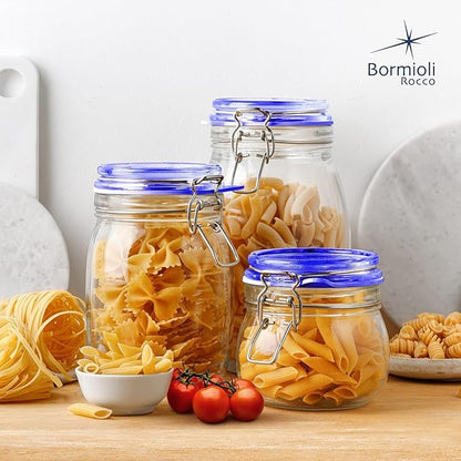 Bormioli Rocco Fido Glass Storage Jar, Blue Lid Airtight Pantry Canister - 50.75 oz Clamp Lock Container for Pasta, Rice, Coffee & Dry Goods - Italian Glass, Dishwasher & Microwave Safe