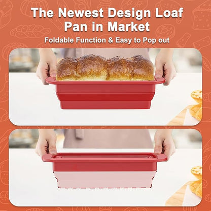 Silicone Bread Loaf Pan With Foldable Function and Metal Reinforced Frame,Rectangular Non-Stick Baking Mold Pans for Oven, Bread, Cake, Easy Release(9"x4"x2.5", Red, 1 Piece)