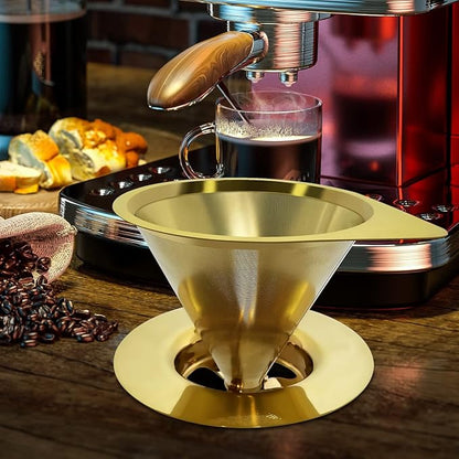 LHS Pour Over Coffee Dripper Reusable Coffee Filter Paperless Coffee Filter Stainless Steel Pour Over Coffee Maker Cone Coffee Dripper for 1-2 Cup,Gold