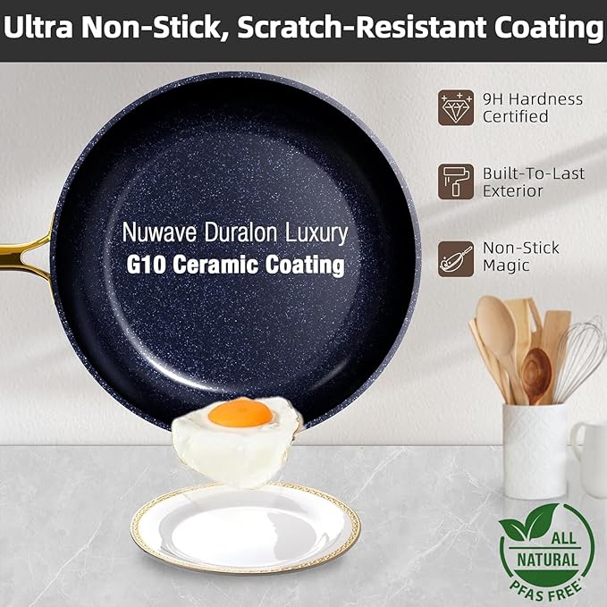 Nuwave Lux LE 13-Pc Cookware Set with Elegant Gold Handle, Diamond Infused Ceramic Non-Stick, PFAS Free, Premium Metal Lids, Ergonomic Stay-Cool Handles, Induction Ready & Compatible w/All Cooktops