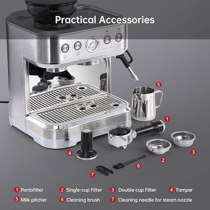 Espresso Machine with Milk Frother and Grinder, All in One Cappuccino Latte Espresso Maker for Home Barista, Built-In Bean Grinder, 85 oz Removable Water Tank, Coffee maker Machine