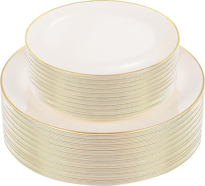 PULOTE 60 PCS Ivory Plastic Plates - Cream Plastic Disposable Include 30 Dinner and 30 Dessert Plates with Gold Rim - Ideal for Party & Wedding