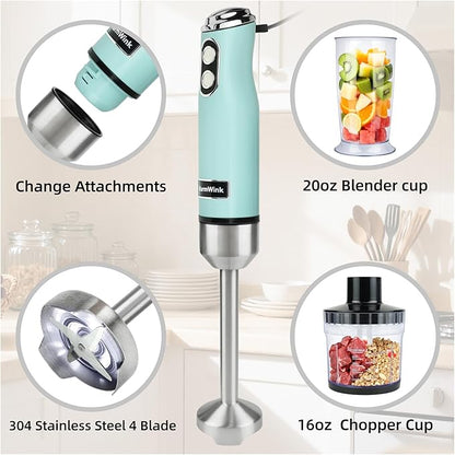 4 in 1 Corded Hand Blender Includes Food Chopper, Mixing Beaker Milk Frother and Whisk 600W Handheld Blender with Stainless Steel Blade, Baby Food Blender