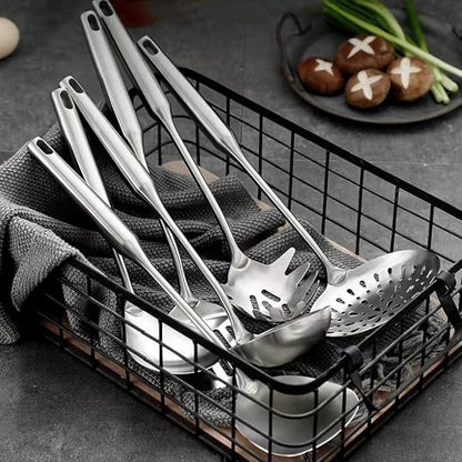 304 18/10 Stainless Steel Kitchen Utensils Set 9 Pcs Long Cooking Utensil, Spatula, Soup spoon, Leaking shovel, Ladle, Tunner, Pasta Server, Meat Fork Kitchen Tools Set (9 Pieces Set)