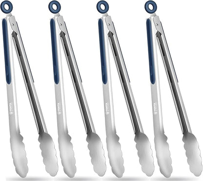 Tongs for Cooking, 12-Inch Stainless Steel Kitchen Tongs, Locking Metal Food Tongs with Silicone Non-Slip Grip, Kitchen Utensils for Food, Salad and Outdoor BBQ, Set of 4 (Midnight Blue)