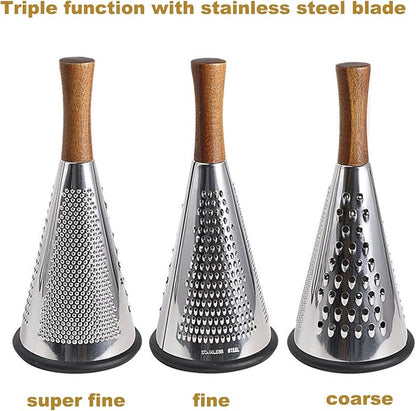 Cone Cheese Grater with Handle - Stainless Steel Triple Function Wood Handle Parmesan Shaver Non-Slip Rubber Bottom Hand Held Multifunction Vegetables Cheese Grater with container(XL:11.8" X 5.1")