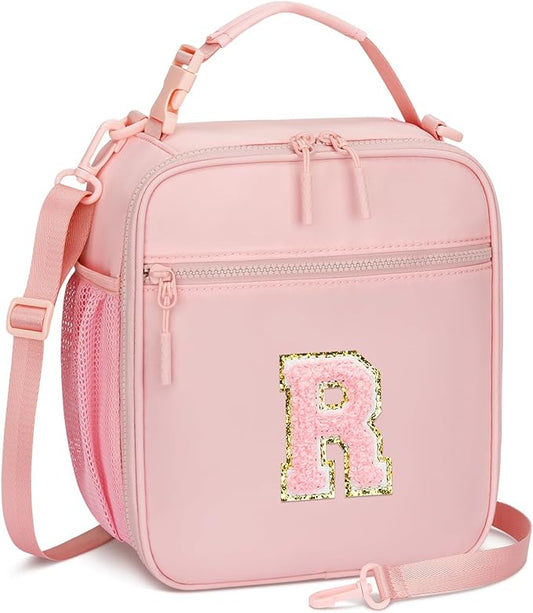 Initial Insulated Lunch Bag for Girls Kids, Back to School Gift, Reusable Leak-proof Lunch Box with Adjustable Strap for School Daycare Travel Picnic (Pink,R)