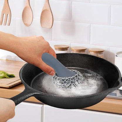 Cast Iron Scrubber with Long Handle | 316 Cast Iron Cleaner Chainmail Scrubber for Pan Skillet Cleaner - Dish Scouring Pad Dishwasher Safe Cleaning Kit (Grey, 1 Scrubber + 1 Scraper)
