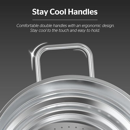 SUNHOUSE 5 Quart Stainless Steel Steamer Insert – Multi-Purpose Soup & Food Steamer with Stay-Cool Handles & Heavy-Duty Glass Lid – Fits Various Pot Sizes (8", 8.5", 9.5")