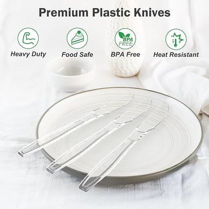 300 Count Extra Heavy Duty Clear Plastic Knives Disposable, BPA-Free, Heat Resistant, Solid and Durable Disposable Knives Bulk, Premium Plastic Knives heavy duty for Party Supply