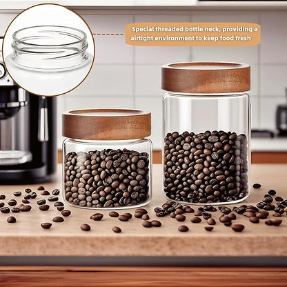 28 Fl oz/850 ml Glass Food Storage Jar, Premium Clear Glass Container Jar with Airtight Wooden Screw Lid, Kitchen Canisters for Coffee,Tea,Pasta,Cookies, Nuts,Spice,Candy,Overnight Oatmeal（Medium）