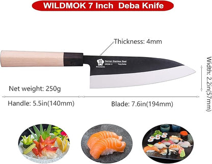 WILDMOK 7 Inch Deba Knife - Asian Usuba Salmon Sashimi Knife with German Stainless Steel Blade & Traditional Wooden Handle