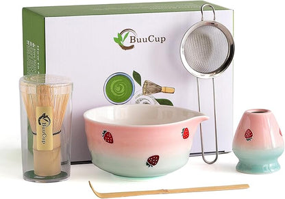 Matcha Whisk Set, Matcha Bowl with Spout, Matcha Whisk and Holder, Bamboo Matcha Scoop and Stainless Sifter,Ceramic Matcha Bowl(Pink Green)