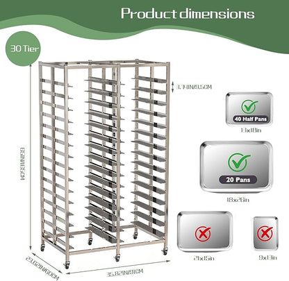 Bun Pan Rack, Commercial Bakery Sheet Rack with Brake Wheels, 30-Tier Stainless Steel Baking Tray Food cart ，for Bakeries Restaurant & Catering（Trays Not Included） ﻿ (30 Tier)