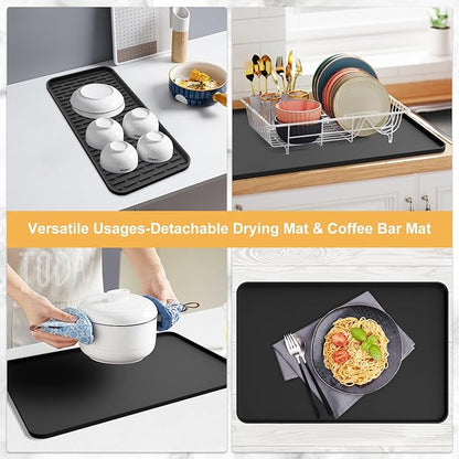 Silicone Coffee Mat, 24''x16'' Bar Mat with Detachable Dish Drying Mat - Fits Under Coffee Maker & Dish Rack