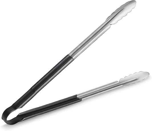 New Star Foodservice 35797 16-Inch Utility Spring Tongs, Stainless Steel, Vinyl Coated, Set of 12, Black