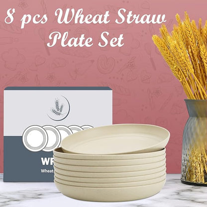 Wrova Wheat Straw Dinner Plates Set of 8 - 10 Inch Unbreakable, Dishwasher & Microwave Safe, Lightweight for Kitchen, R.V. (Beige)