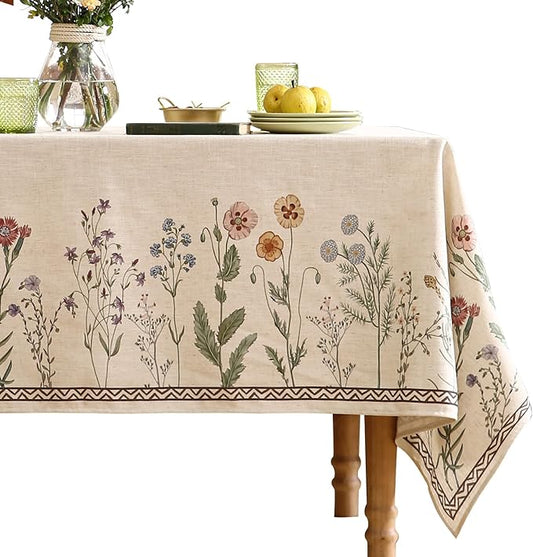 ISAENNE Designer Off White Linen Long Tablecloth Rectangular,Floral Elegant Table Cloth,Stain Resistant Vintage Decor Tablecloths for Dining Thanksgiving Kitchen Christmas,63"*94"-Serenity G