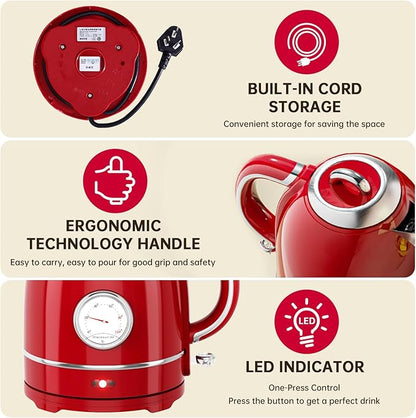 Kawu Retro Electric Kettle, 1.3L Hot Tea Water Boiler with Temperature Gauge, 1355W Fast Boiling Tea Kettle with Stainless Steel Inner & Boil-Dry Protection, Auto Shut Off, 60°C Keep Warm, Food Grade