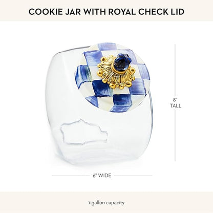 MACKENZIE-CHILDS Cookie Jar with Enamel Lid, Large Glass Treat Jar or Kitchen Jar, 1-Gallon Capacity, Blue-and-White Royal Check