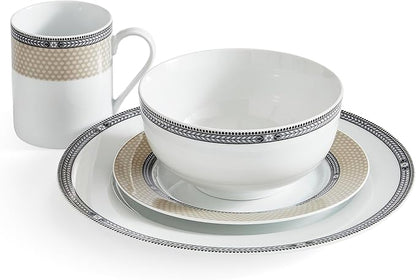 Portmeirion Home Vintage Chic 16 Piece Set - Porcelain Dinnerware with Art Deco Borders - 10.5" Dinner Plates, 7.5" Salad Plates, 5.5" Bowls, 11.5 Oz Mugs - Microwave & Dishwasher Safe Place Settings