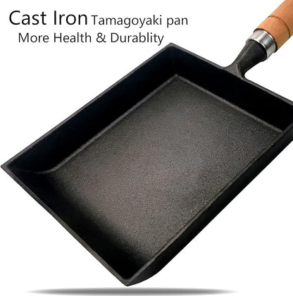 Tamagoyaki Japanese Omelette Pan Cast Iron with Wooden Lid, Square Japanese Egg Pan, Rectangle Tamago Pan with Spatula & Chopsticks 7” x 6” (Black)