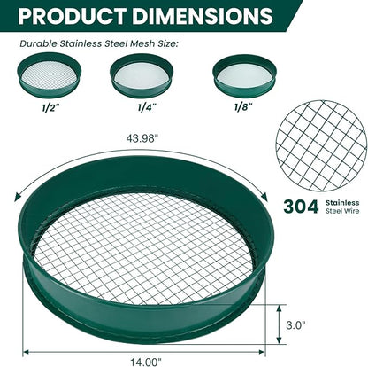 Soil Sifter, 3PCS Soil Sifter Set for Gardening, Stainless Steel Sifter（1/2", 1/4", and 1/8"）