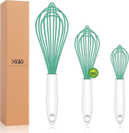 Teal Silicone Whisk, Sealed Waterproof Design Set of 3, Professional Kitchen Whisks for Cooking Non-Scratch, Silicone&Stainless Steel Whisk, Heat Resistant 480°F Rubber wisk, BPA free