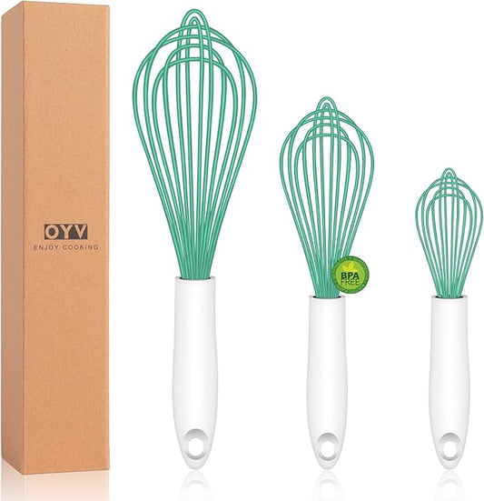 Teal Silicone Whisk, Sealed Waterproof Design Set of 3, Professional Kitchen Whisks for Cooking Non-Scratch, Silicone&Stainless Steel Whisk, Heat Resistant 480°F Rubber wisk, BPA free