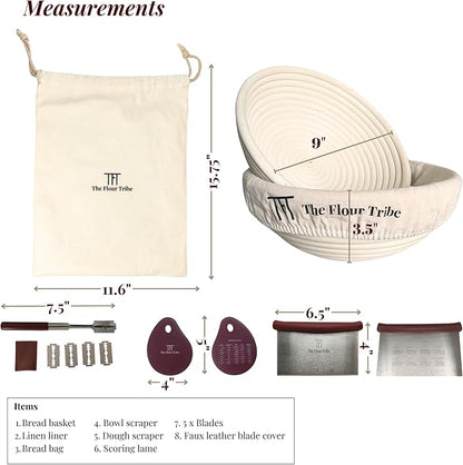 Banneton Bread Proofing Basket: Sourdough Bread Baking Supplies, Sourdough Starter Kit, Bread Making Supplies Tools, Baking Gift Set, 9 inch round rattan Basket, bread bag, dough scraper, scoring lame