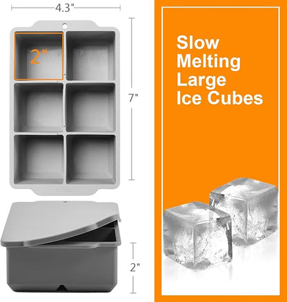 Nax Caki Large Ice Cube Tray with Lid, Stackable Big Silicone Square Ice Cube Mold for Whiskey Cocktails Bourbon Soups Frozen Treats, Easy Release BPA Free